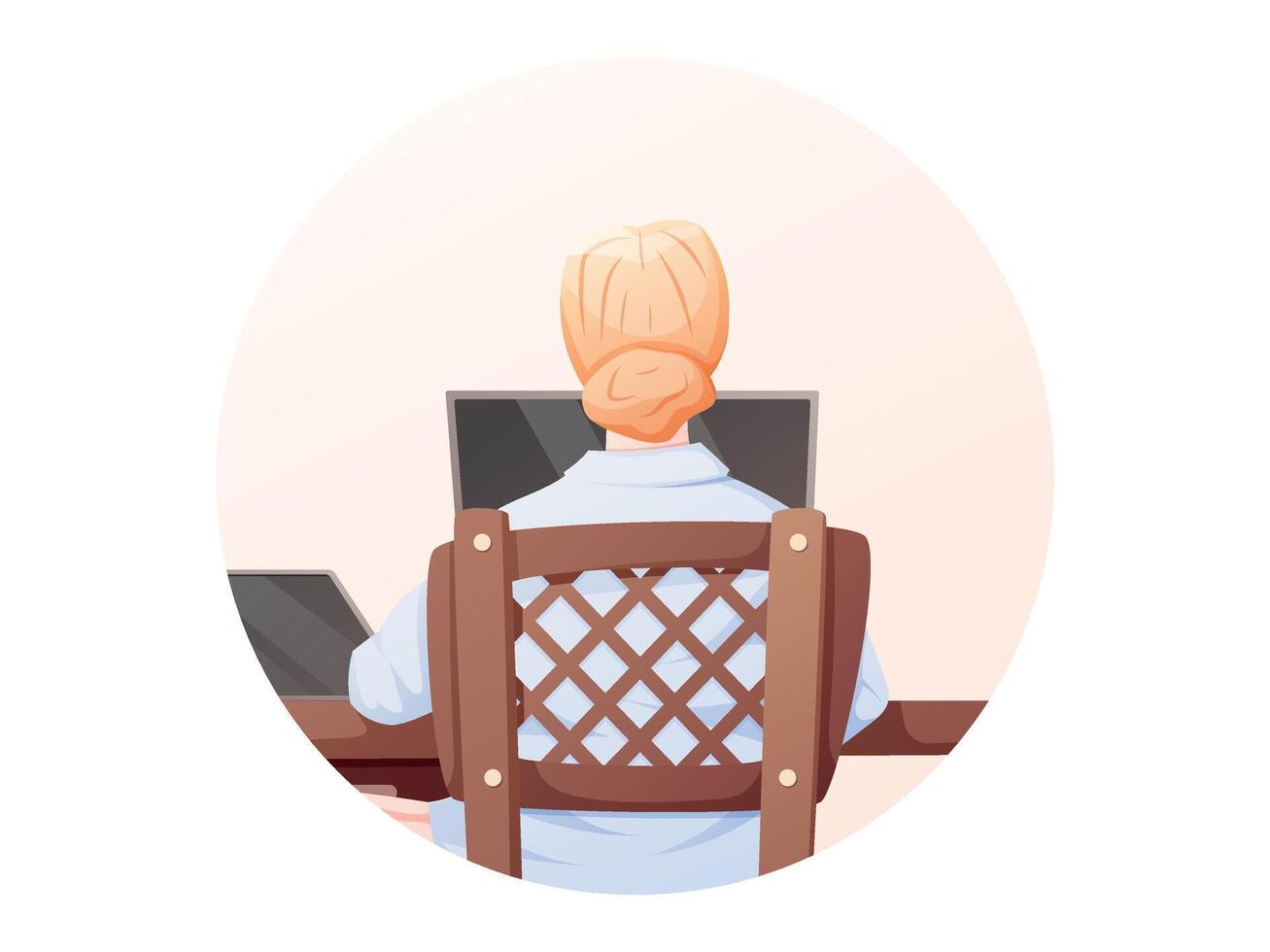 illustration of a woman working or studying at a laptop from home. Back view of a person at a desk. Concept of remote work, online learning, and digital lifestyle. vector