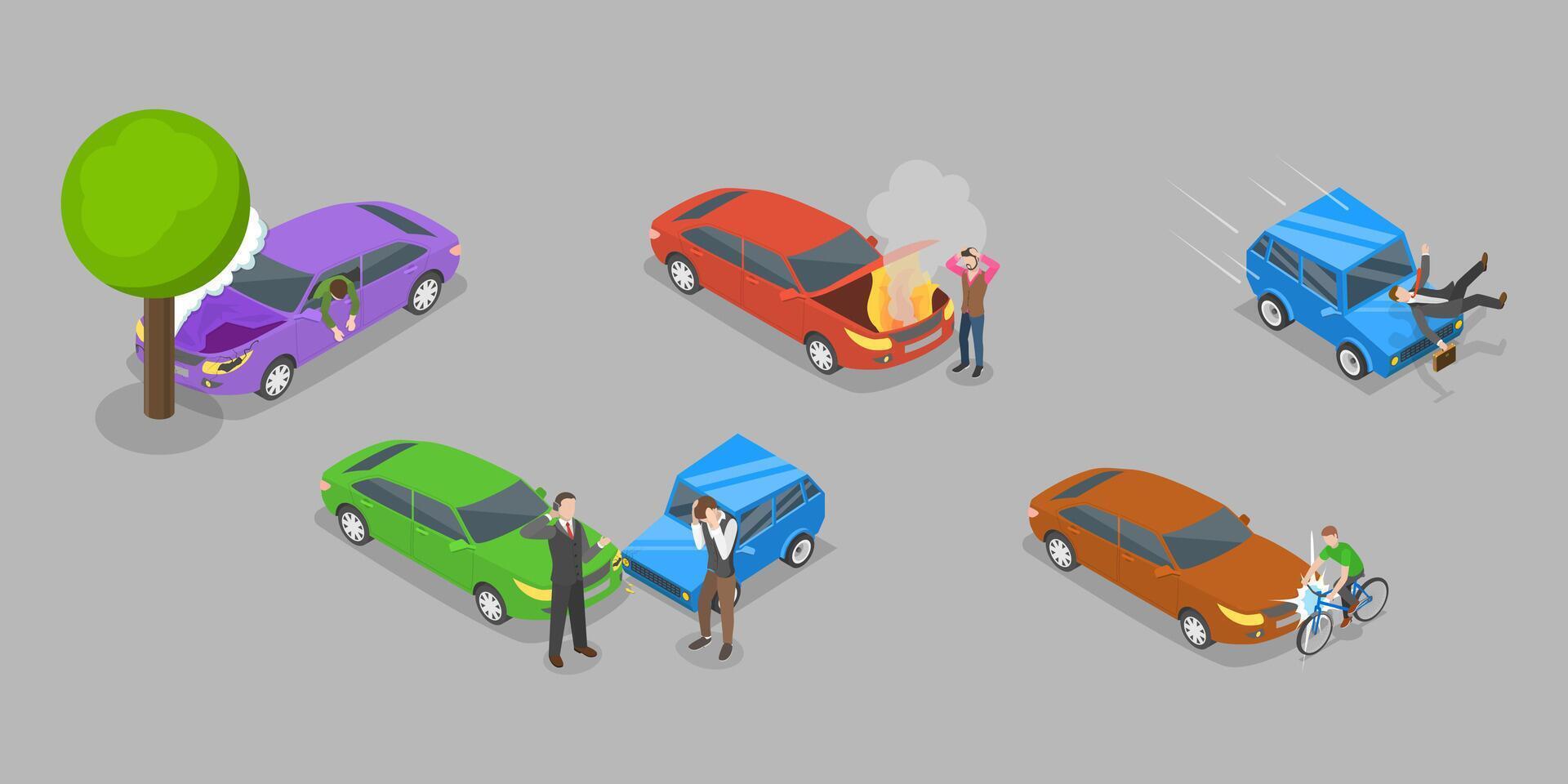 3D Isometric Flat Illustration of Accidents On Road, Transport Vehicles Emergency vector