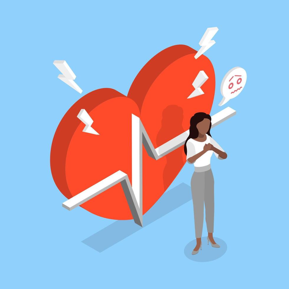 3D Isometric Flat Illustration of Heart Disease, Panic or Anxiety Attack vector