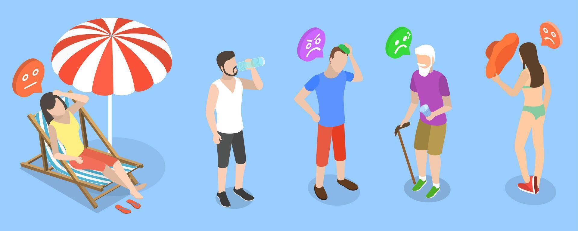 3D Isometric Flat Illustration of Extreme Hot Weather, Individuals Experiencing Excessive Heat Conditions vector