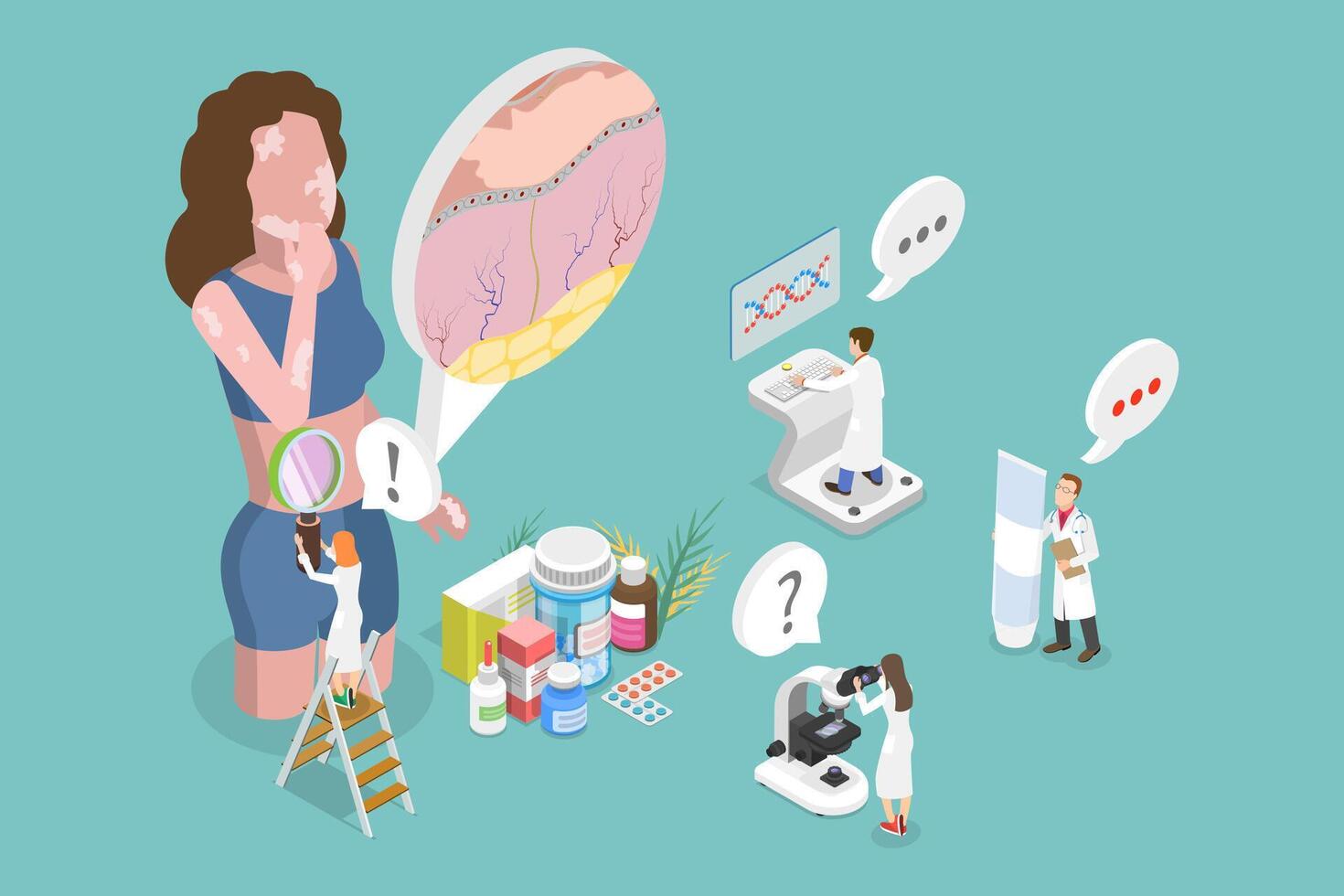 3D Isometric Flat Illustration of Vitiligo, Diagnosis And Treatment vector