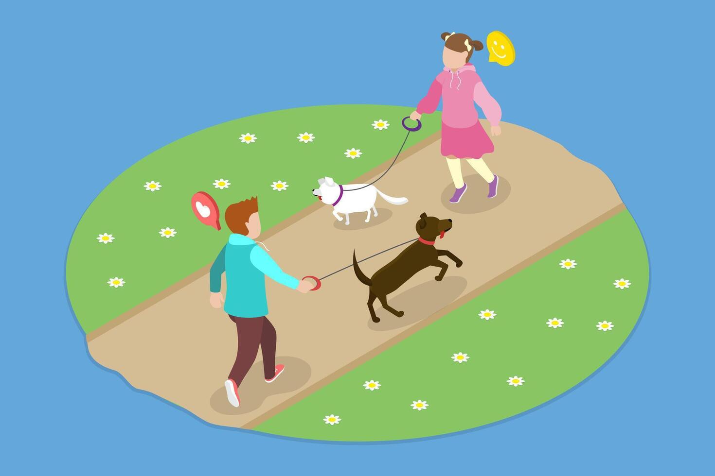 3D Isometric Flat Illustration of Walking with Pet, Enjoying a Leisurely with Dogs on Leashes vector