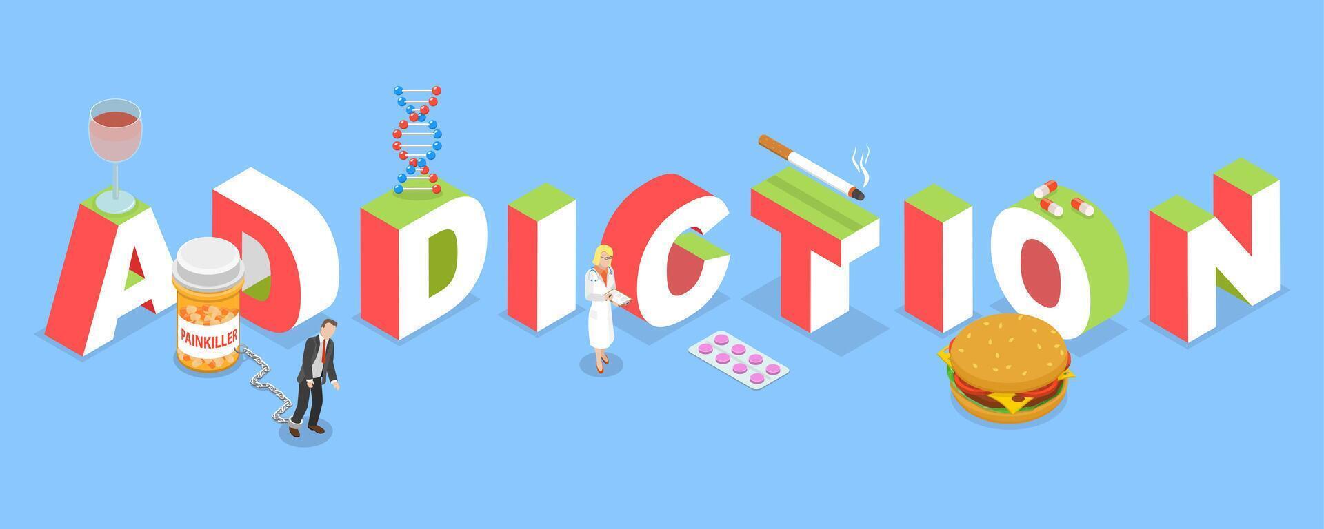 3D Isometric Flat Illustration of Addiction, Stoop Bad Habits vector