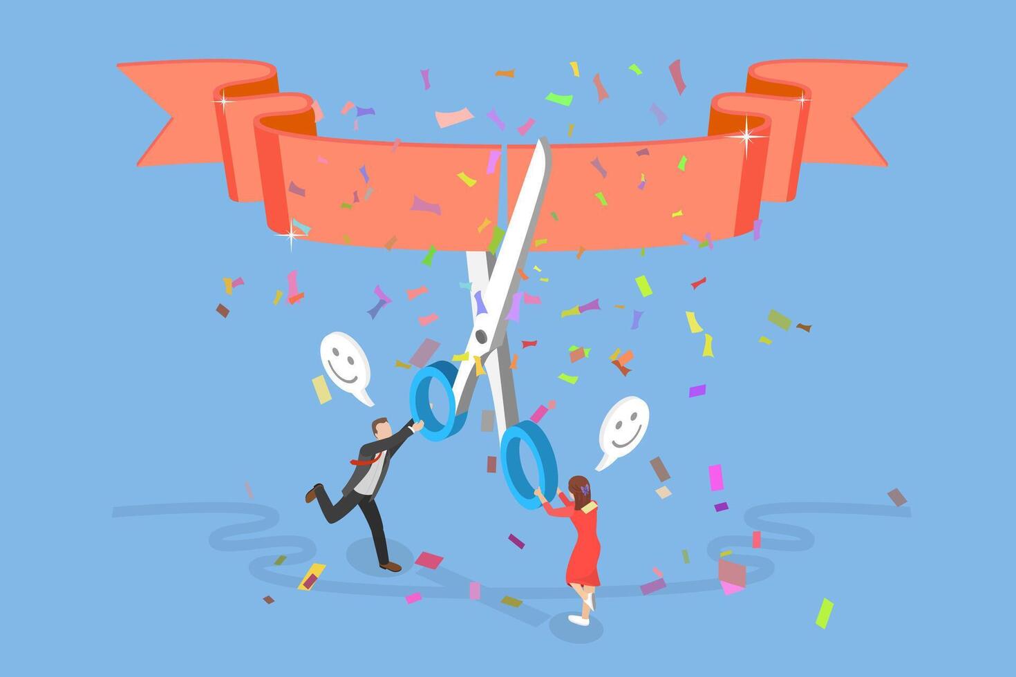 3D Isometric Flat Illustration of Start New Business, Businesspeople Cuting Ribbon to Celebrate Launching of a New Company vector