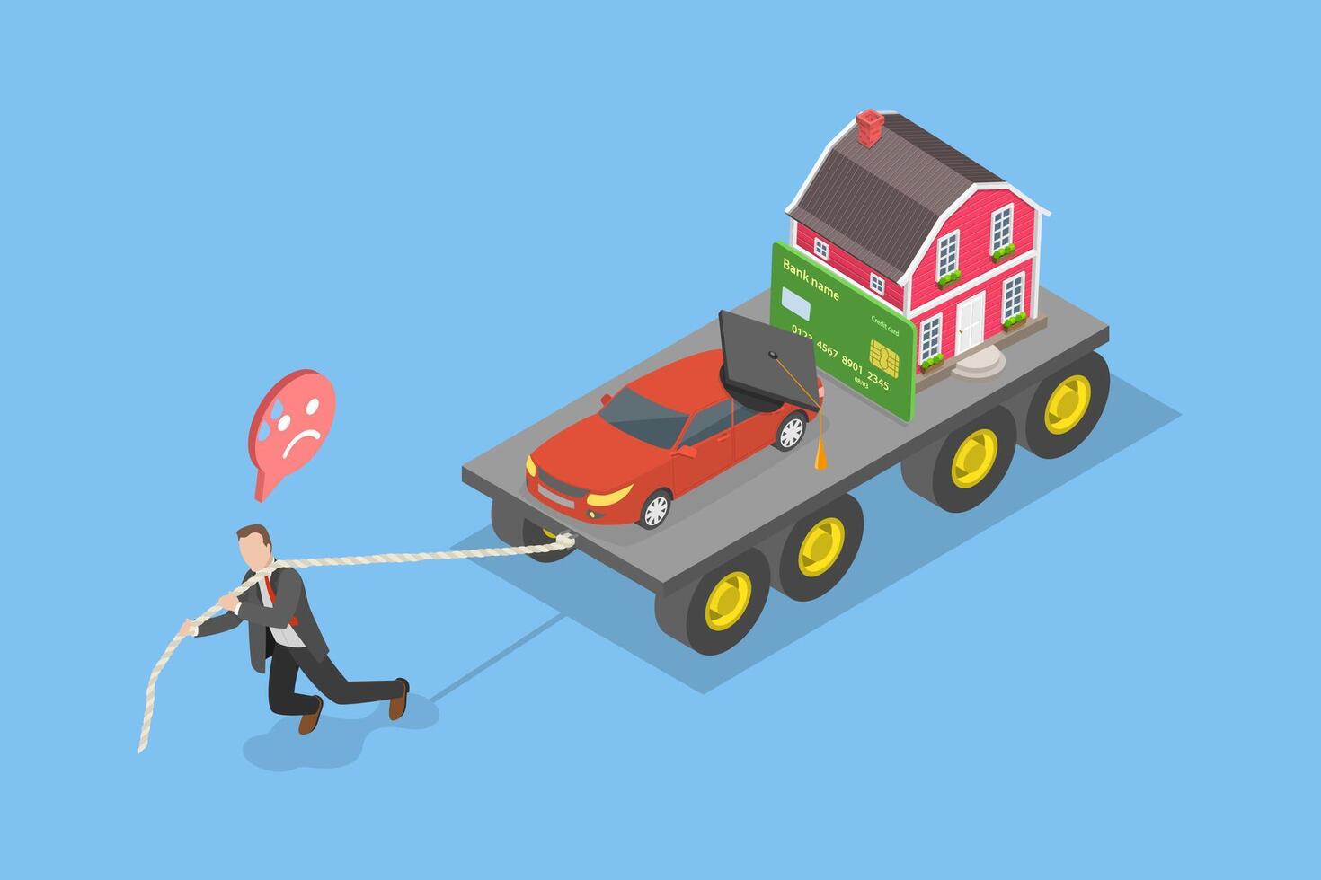 3D Isometric Flat Illustration of Cost Of Living, Exhausted Businessman Managing Financial Burdens of Mortgage, Car Payment, Education Loan, and Credit Card vector