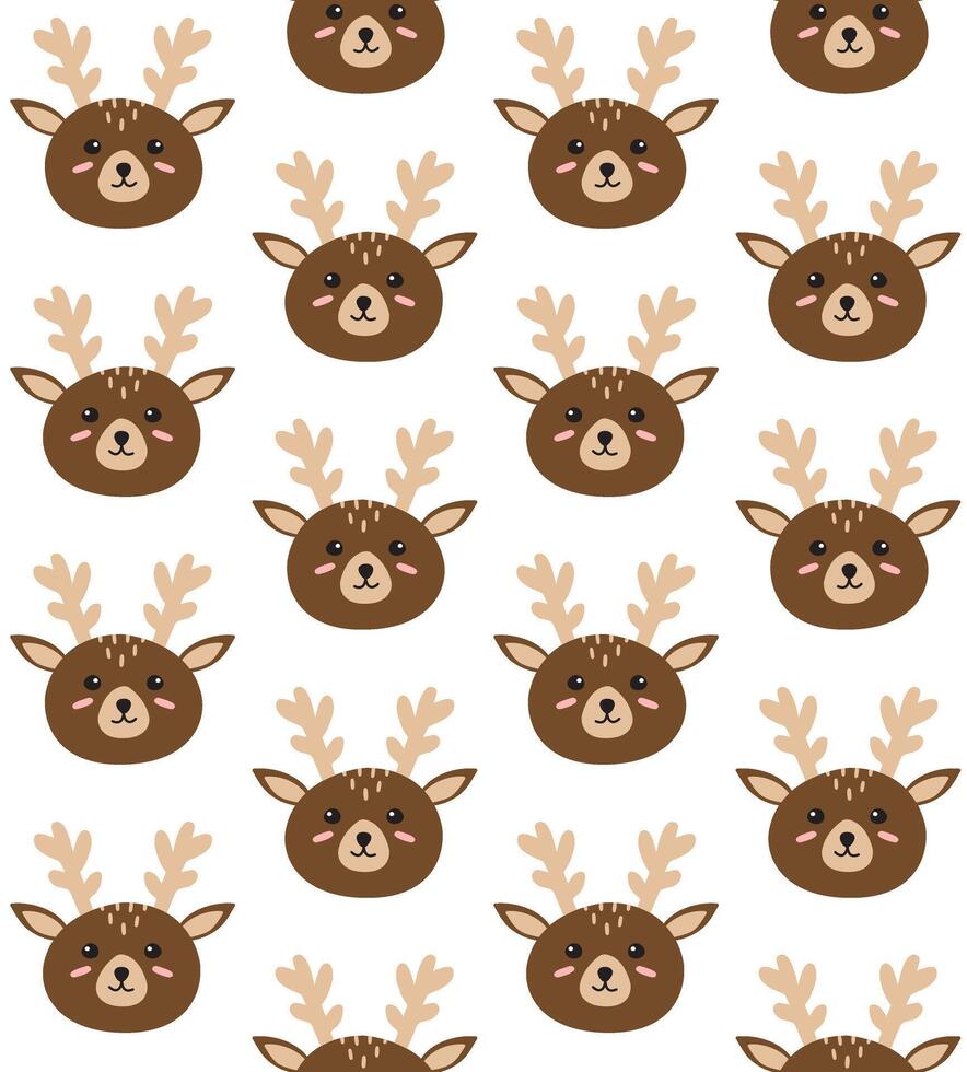 Seamless pattern of flat cartoon doodle deer face isolated on white background vector