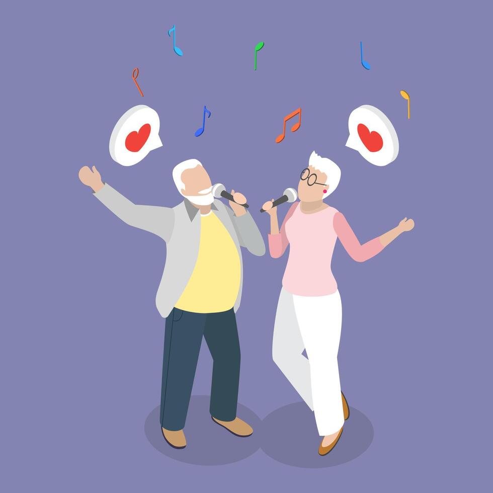 3D Isometric Flat Illustration of Senior Caraoke, Elderly People Performing a Musical Duet vector