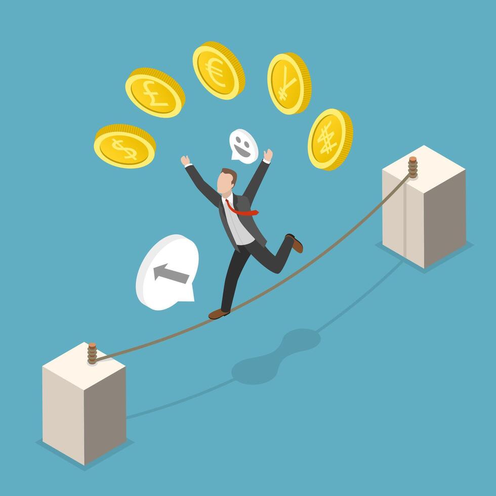 3D Isometric Flat Illustration of Foreign Exchange Market, Businessman Expert Juggles Currency Coins vector