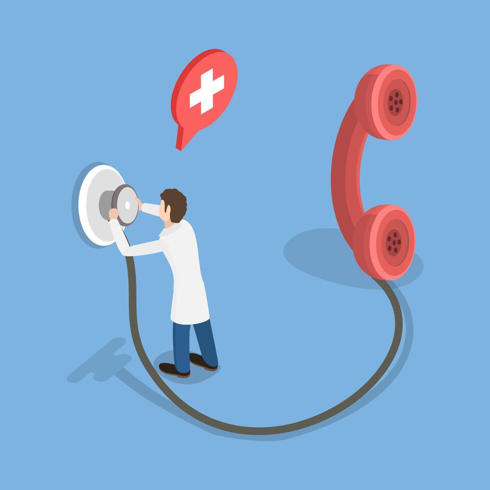3D Isometric Flat Illustration of Telehealth Service, Offering Remote Diagnosis And Consultation Through Telephone Or Online Conference vector