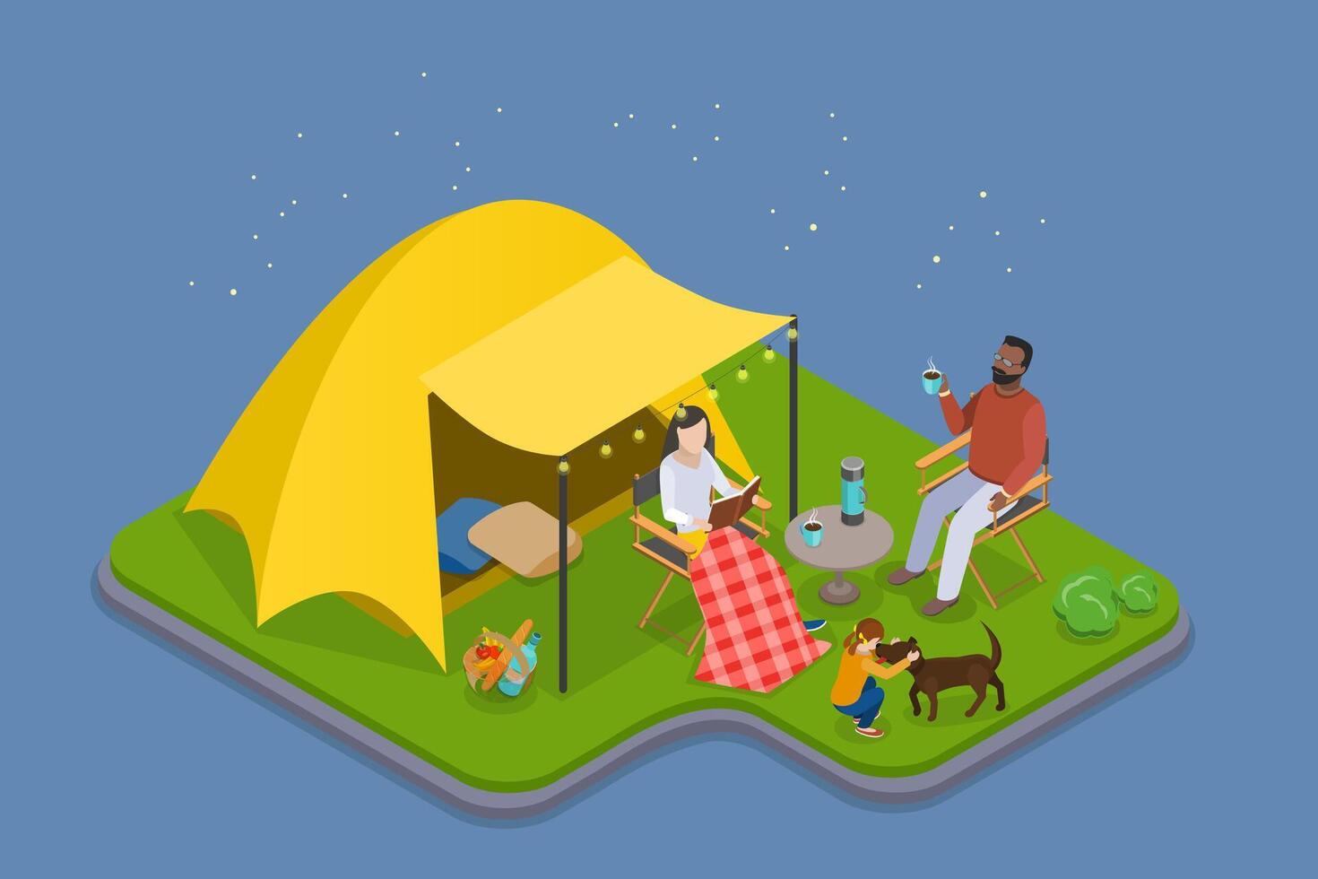 Family camping with a tent and dog vector