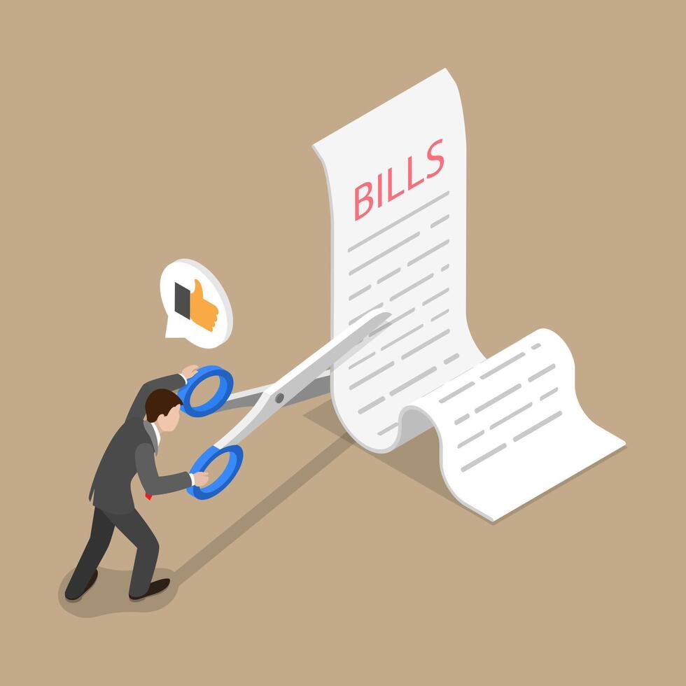 3D Isometric Flat Illustration of Cut Bills To Reduce Cost, Saving Money and Controling Cash Flow vector
