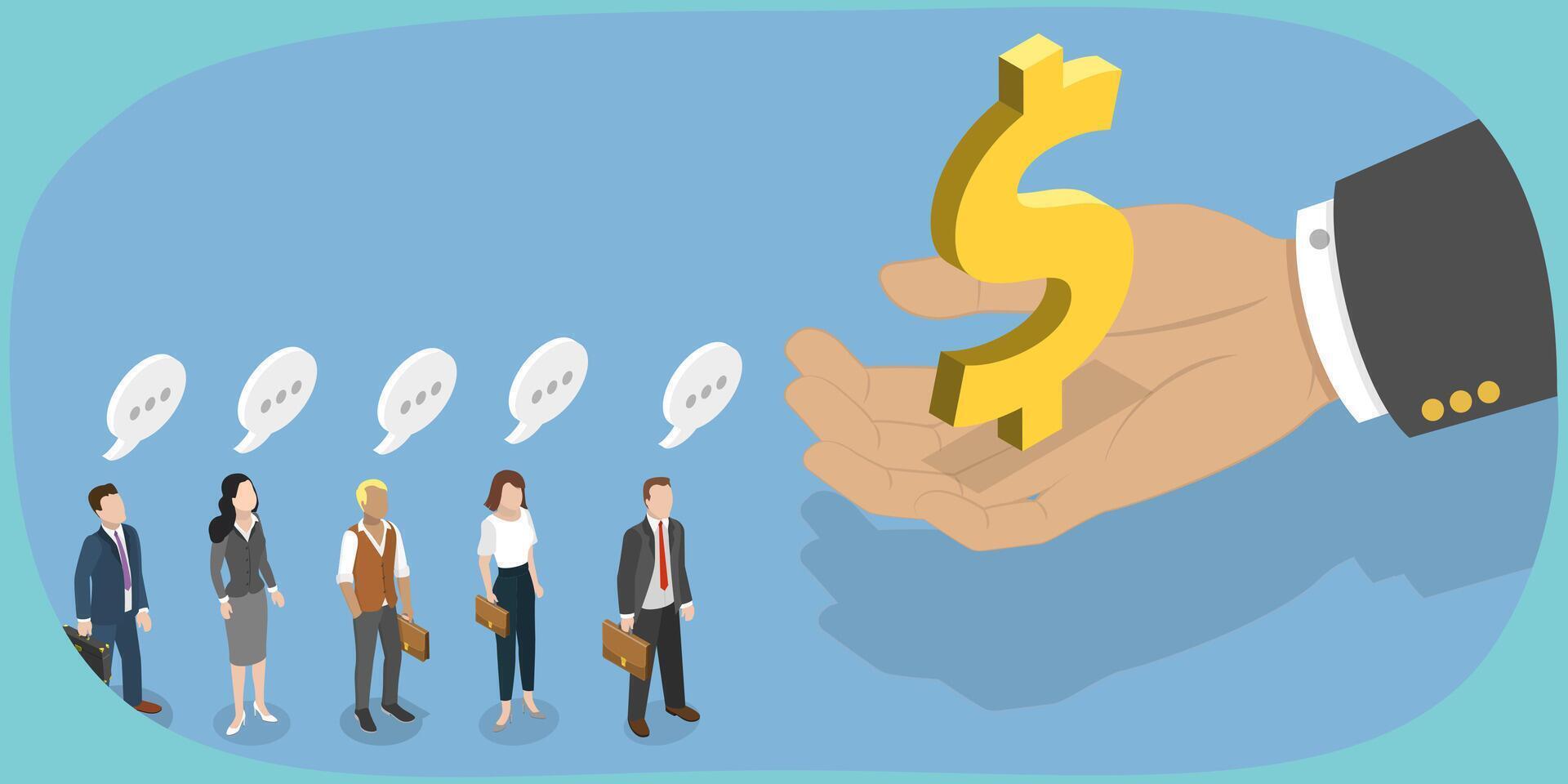 3D Isometric Flat Illustration of Employment and Compensation, Big Businessman Hand Giving Money to People in Line vector