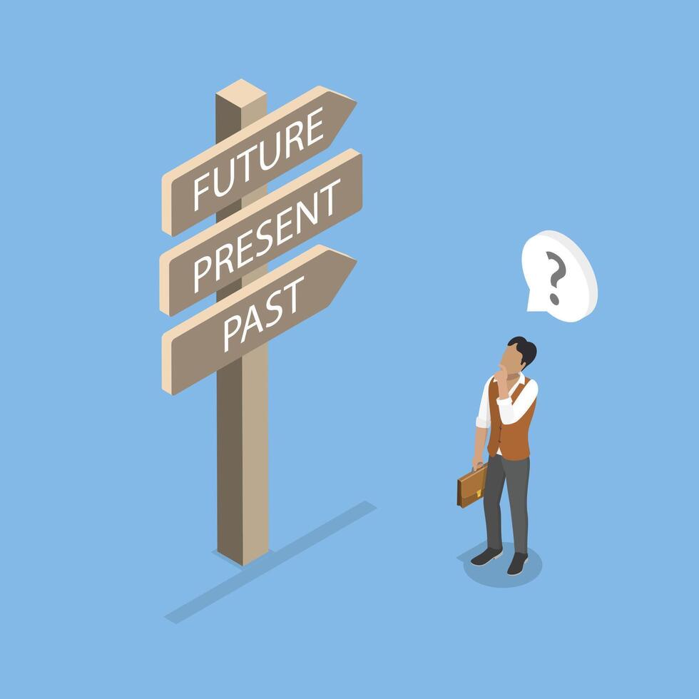 3D Isometric Flat Illustration of Choose Journey Direction, Man With Signpost Choosing Past, Present, Or Future Course vector