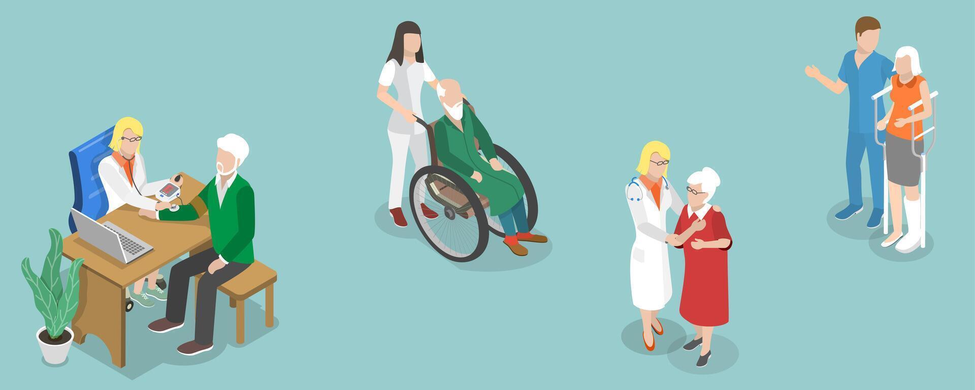 3D Isometric Flat Illustration of Caring For The Elderly, Collection Of Medical Care Scenes vector