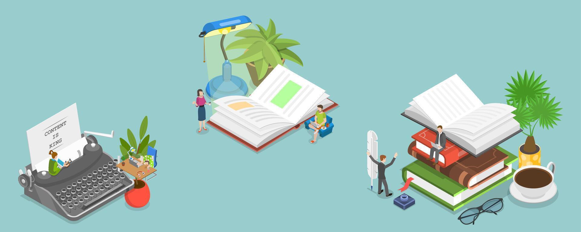 3D Isometric Flat Illustration of Professional Writers, Showcasing Craft And Profession vector