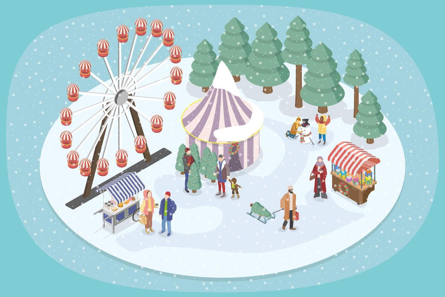 3D Isometric Flat Illustration of Festival Market, Winter Wonderland Christmas Fest, in Amusement Park vector