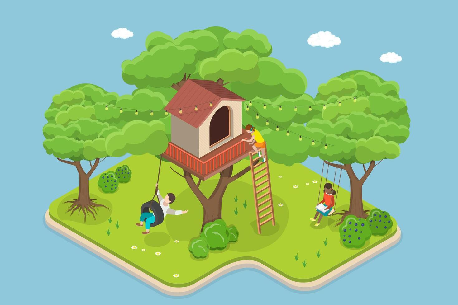 3D Isometric Flat Illustration of House On Tree, Children Playing In Treehouse In Backyard Garden vector