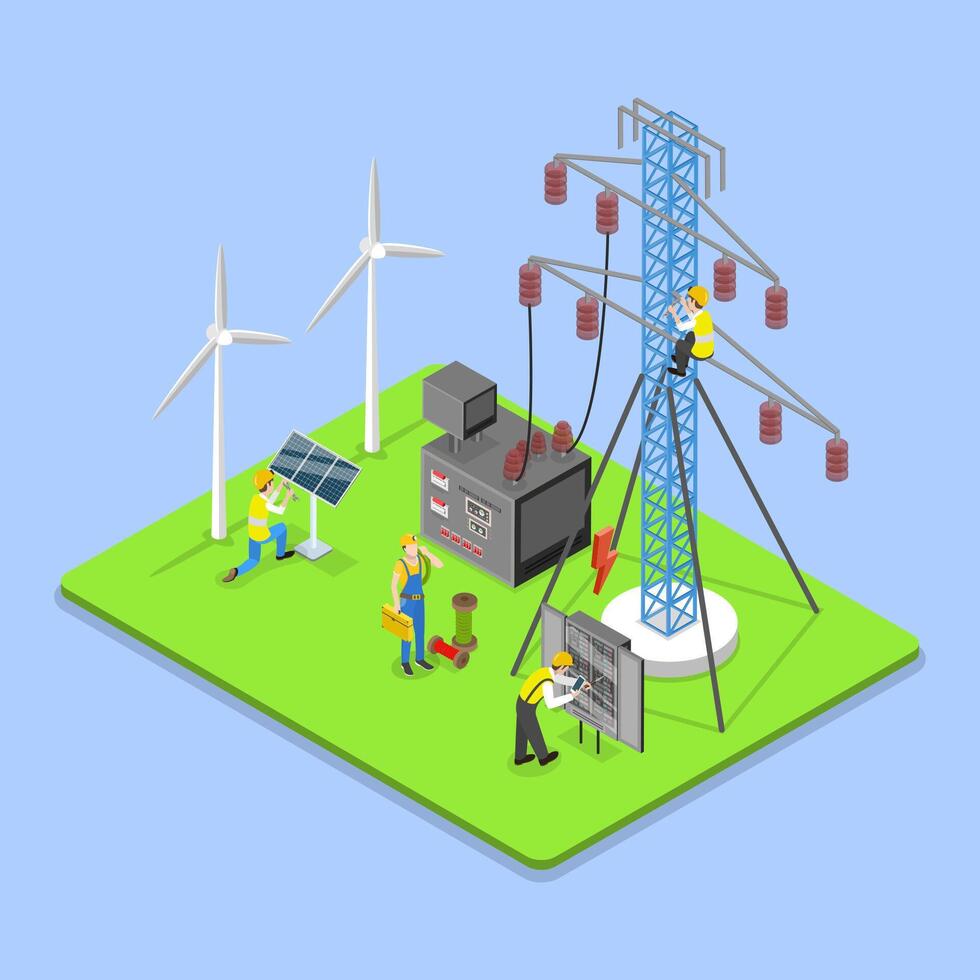 3D Isometric Flat Illustration of Electricity Energy Maintenance, Technicians Services vector