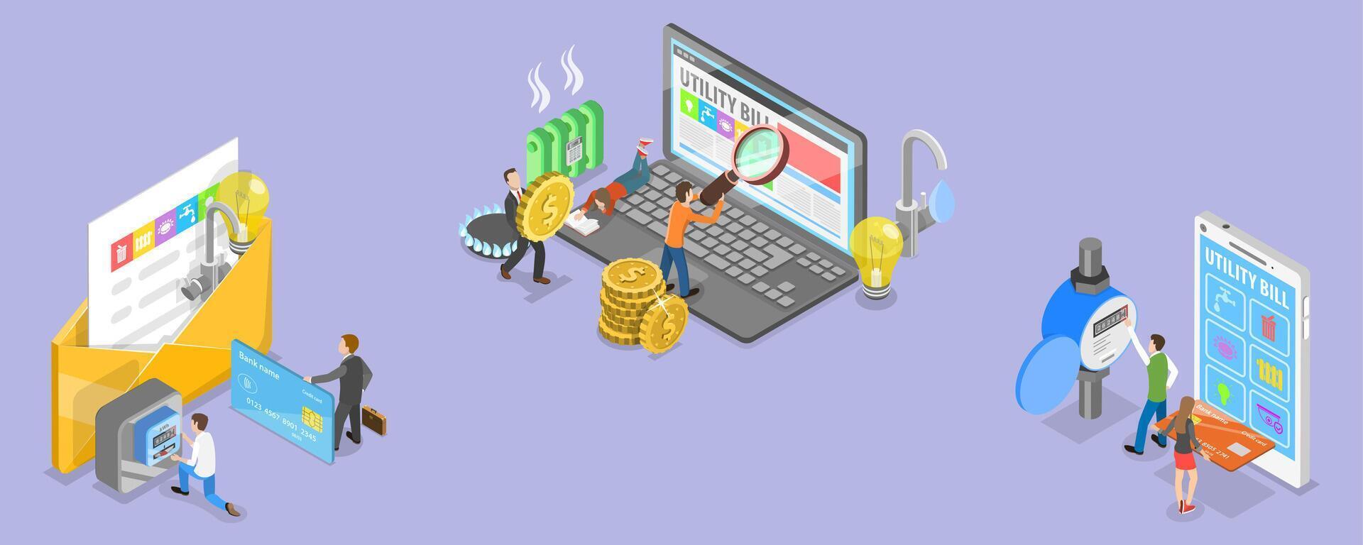 3D Isometric Flat Illustration of Utility Bills Payment, Online Shopping vector
