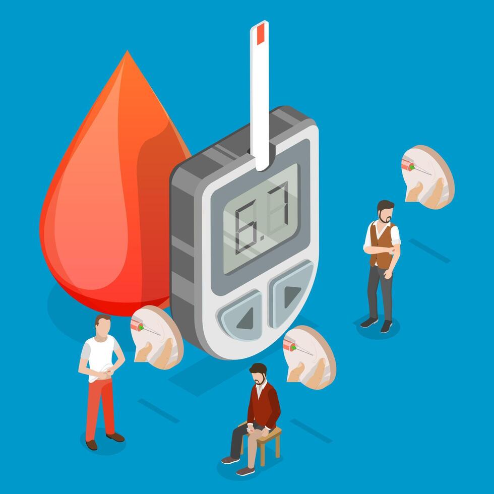 3D Isometric Flat Illustration of Diabetic Patient, Administering Insulin With Pen Or Syringe To Stomach, Leg, Or Arm vector