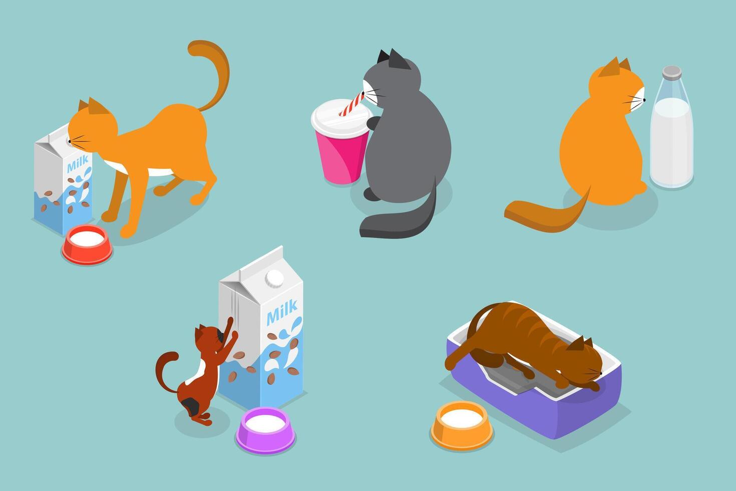 3D Isometric Flat Set of Comic Domestic Animals, Adorable Cat Cartoon Characters vector
