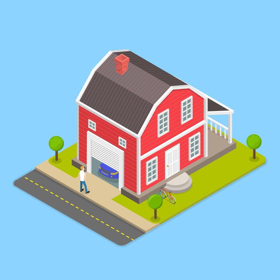 3D Isometric Flat Illustration of House Garage, Man Watches As Garage Door Closing vector