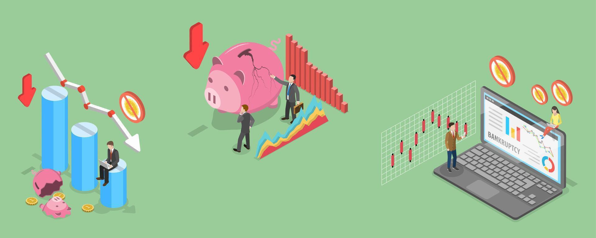 3D Isometric Flat Illustration of Business Bankruptcy, Financial Insolvency In The Business World vector