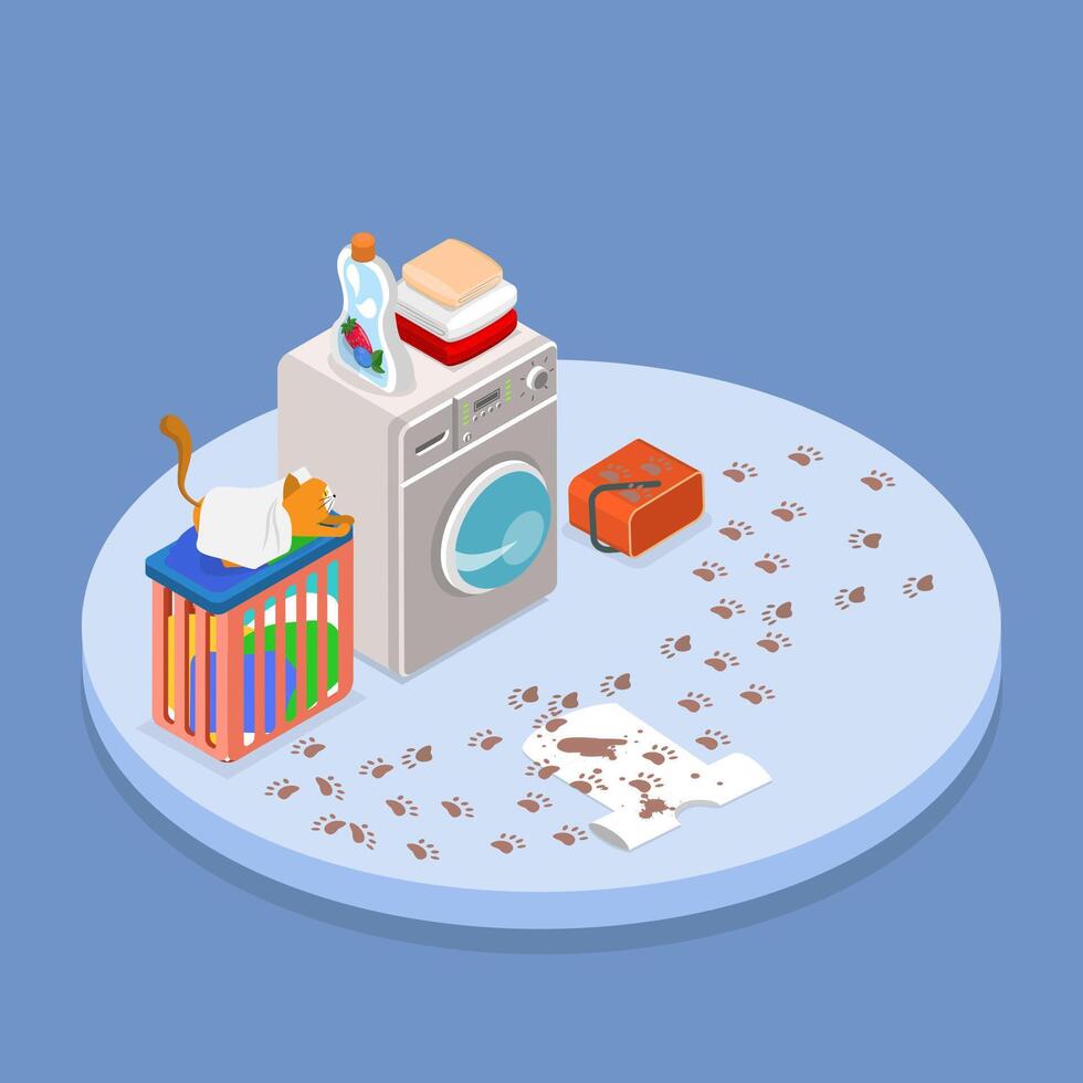 3D Isometric Flat Illustration of Laundry Room, Messy Bathroom with Clothes and a Cat vector