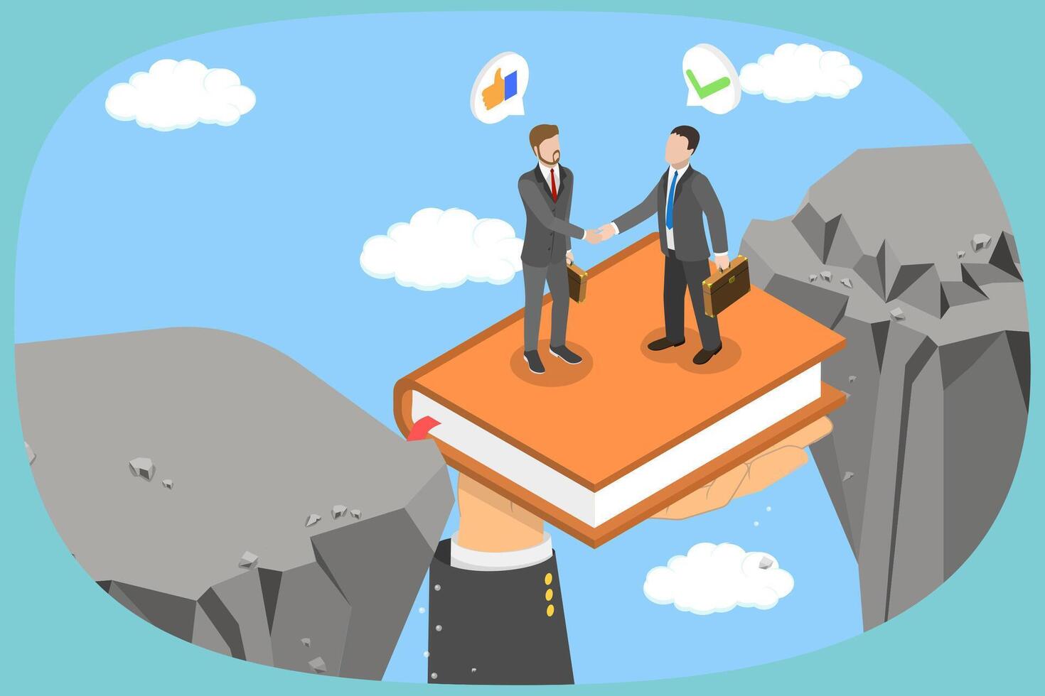 3D Isometric Flat Illustration of Overcoming Disagreements, Businessmen in a Handshake Resolving Disputes and Reaching a Consensus vector