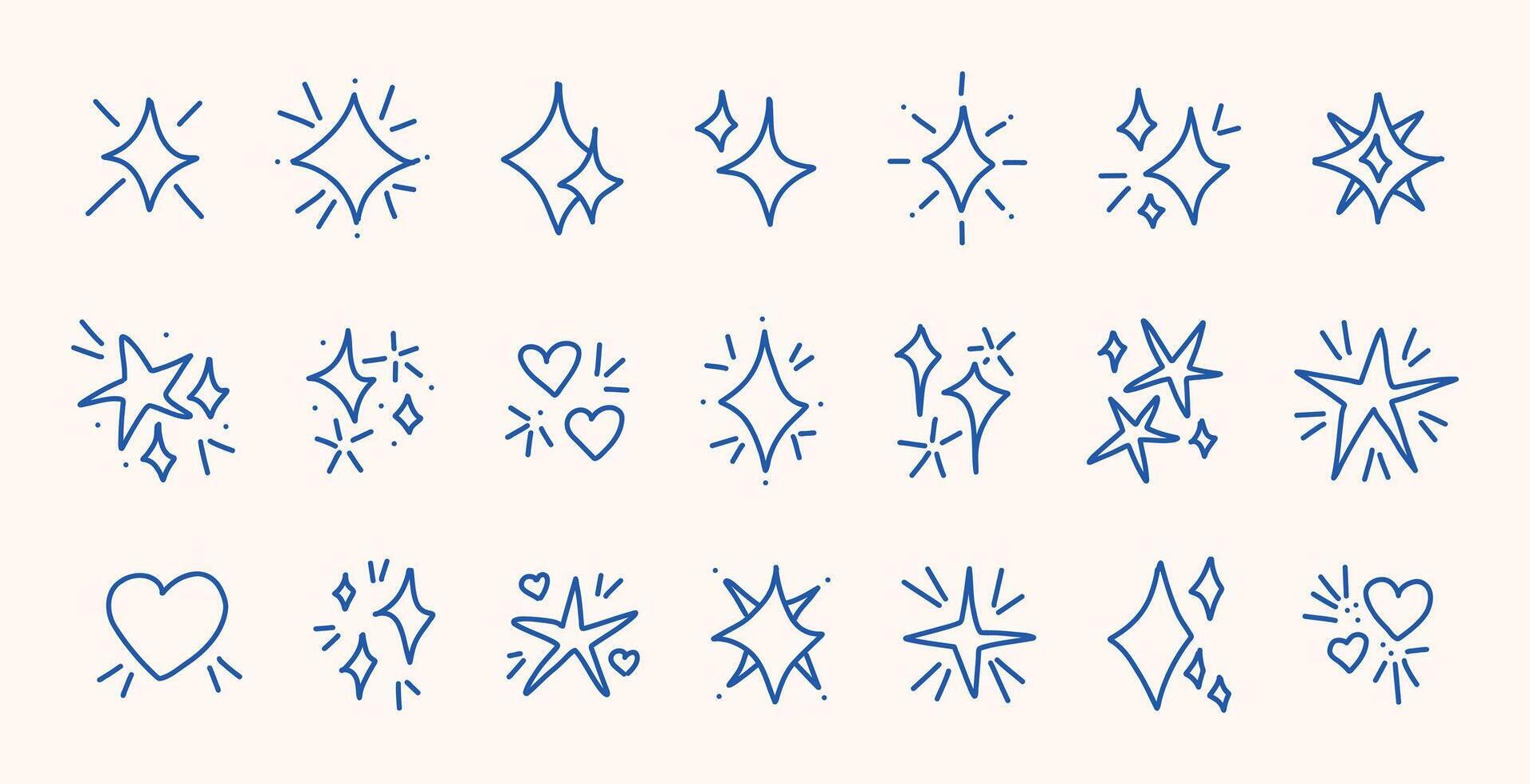 Blue sparkle doodle icon set hand drawn hand drawn stars hearts shiny bursts children sketch symbols on white background for planners scrapbooking cute kids decoration digital fun design element pack vector