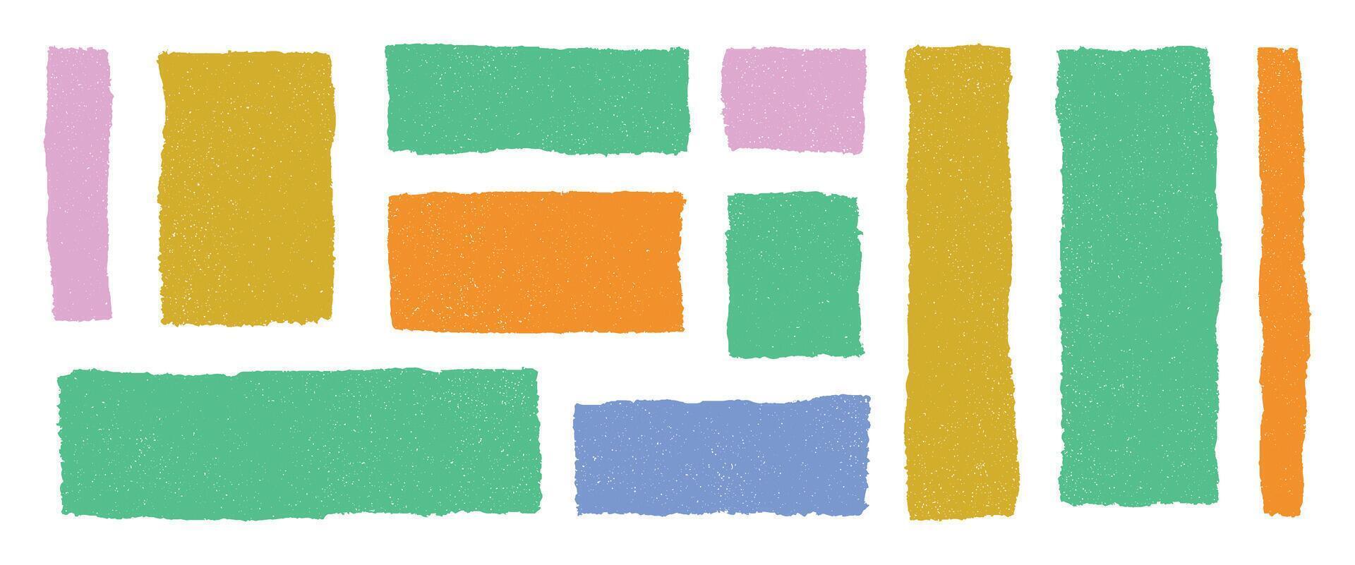 Grunge textured rectangles in pastel color palette on transparent background, abstract shapes in green yellow pink orange and blue, layout elements for modern creative design projects vector