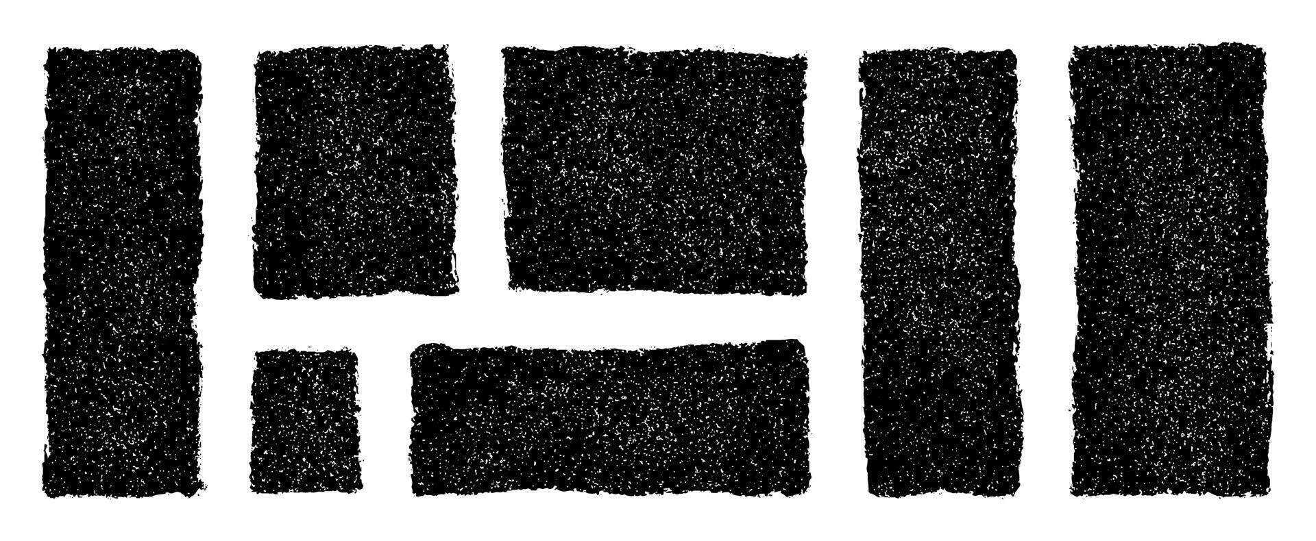 Black grunge rectangles and squares with rough grain texture on transparent background. Crayon drawn abstract shapes, sketchy text boxes, organic frames for speech bubbles or design accents vector