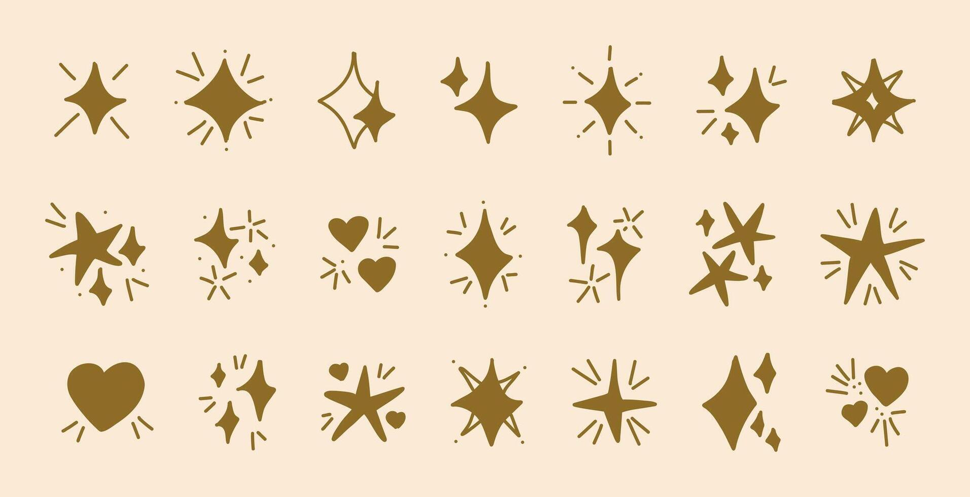 Brown hand drawn doodle stars hearts sparkles on beige background vintage hand drawn clipart children design playful icons flat illustration decorative minimal simple shapes elements set vector