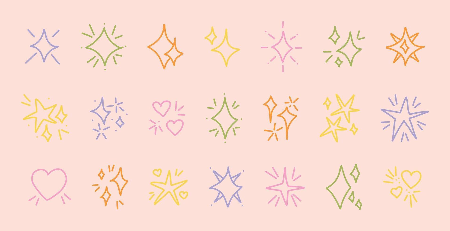 Colorful doodle sparkle icons set on pastel background with stars hearts bursts hand drawn children sketch elements for cute decoration planner sticker digital scrapbooking design print project vector