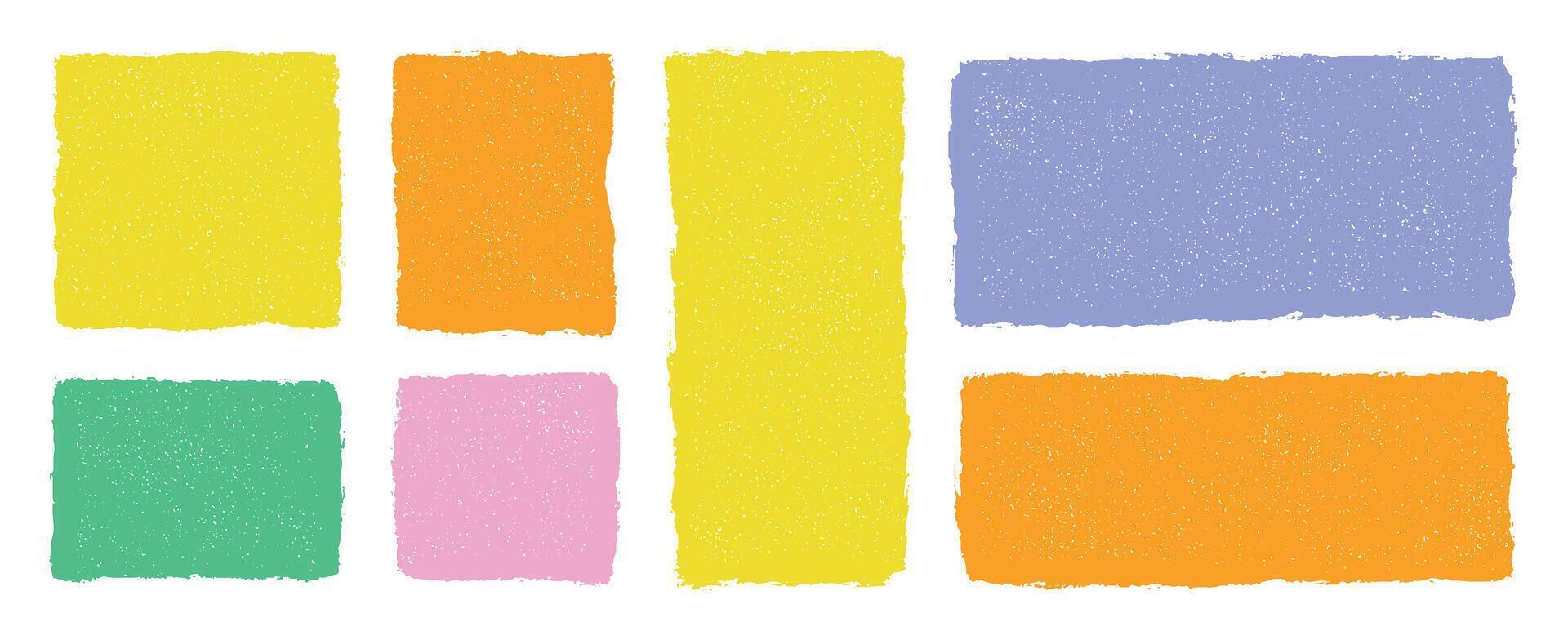 Colorful grunge rectangles set isolated on transparent background, abstract textured blocks in pastel yellow orange green pink and blue, rough retro style design elements for decoration and layout vector