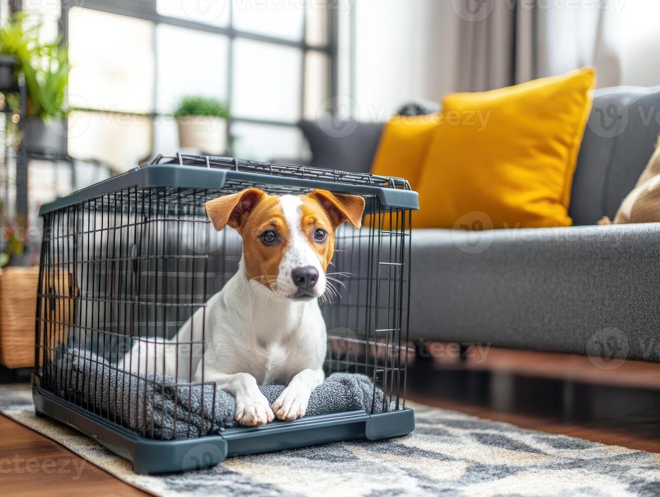 A dog sitting in a cage in a living room photo