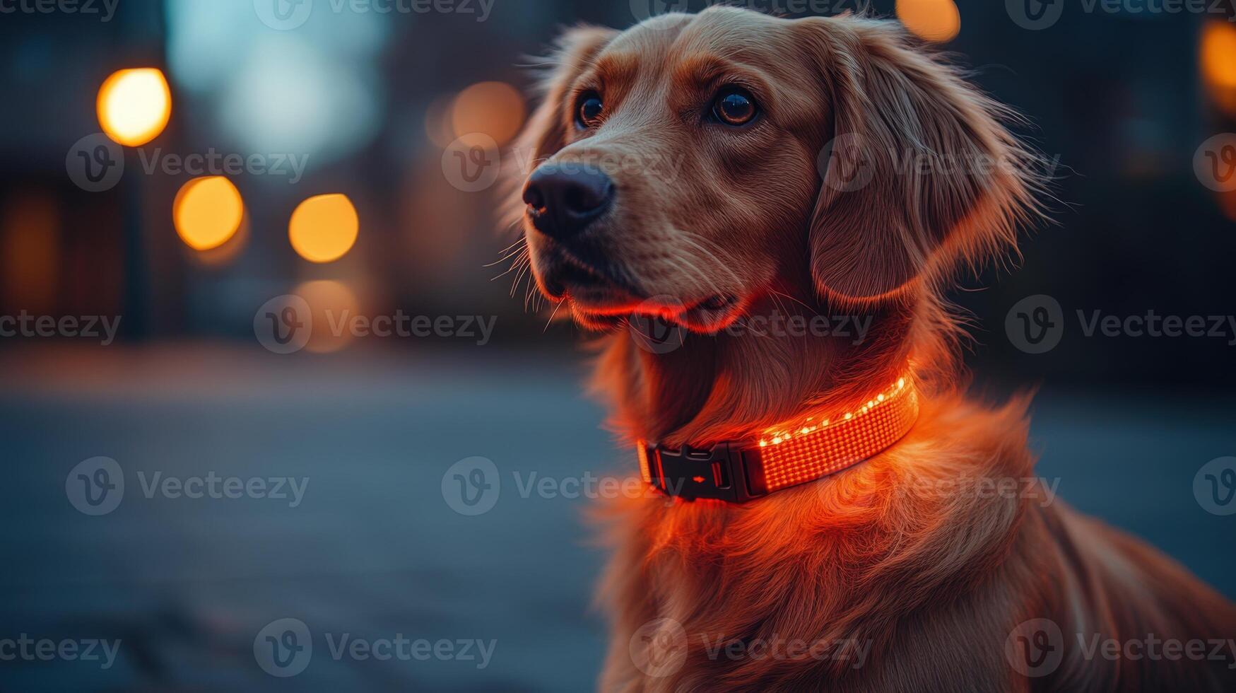 A dog wearing a glowing collar photo
