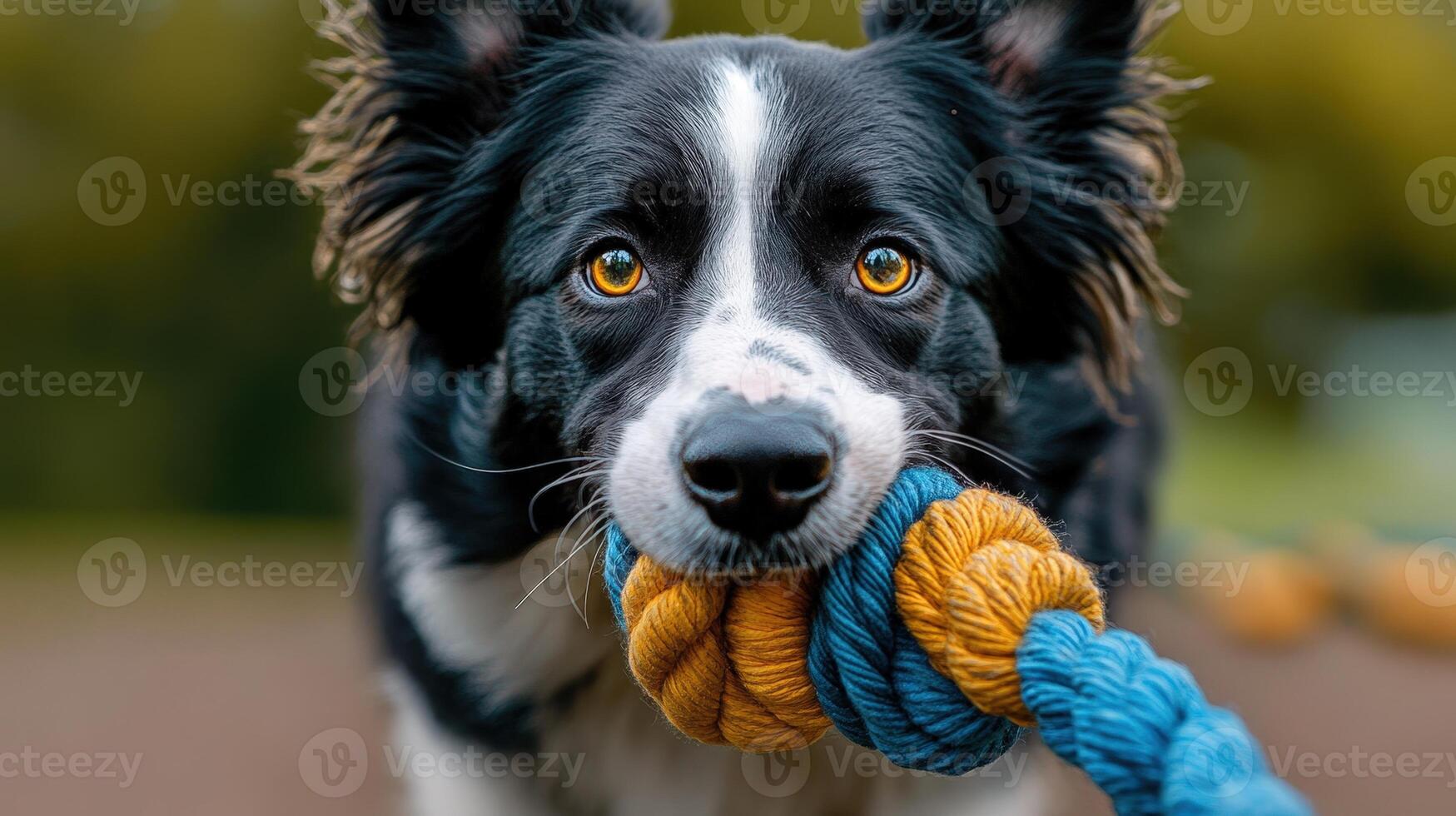 A black and white dog with a rope in its mouth photo