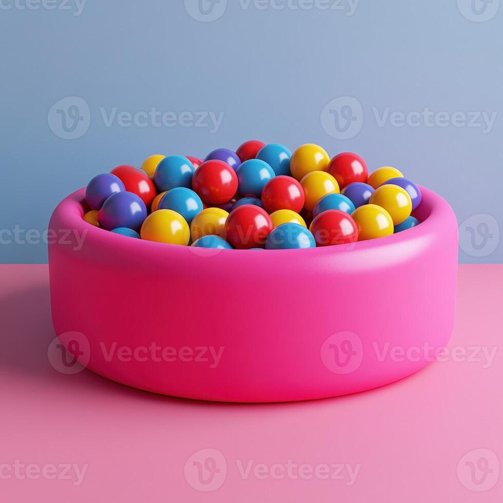 A bowl filled with colorful balls on a pink background photo