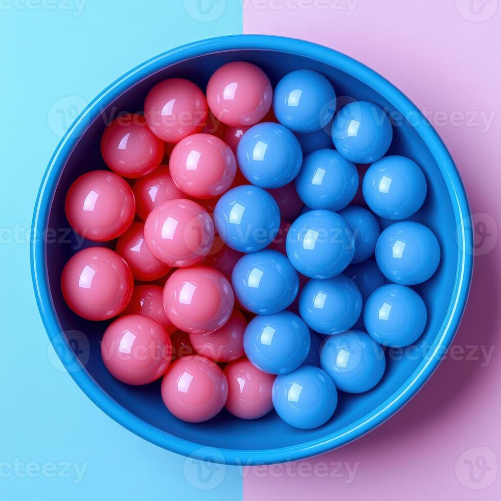 A bowl of blue and pink balls on a pink and blue background photo