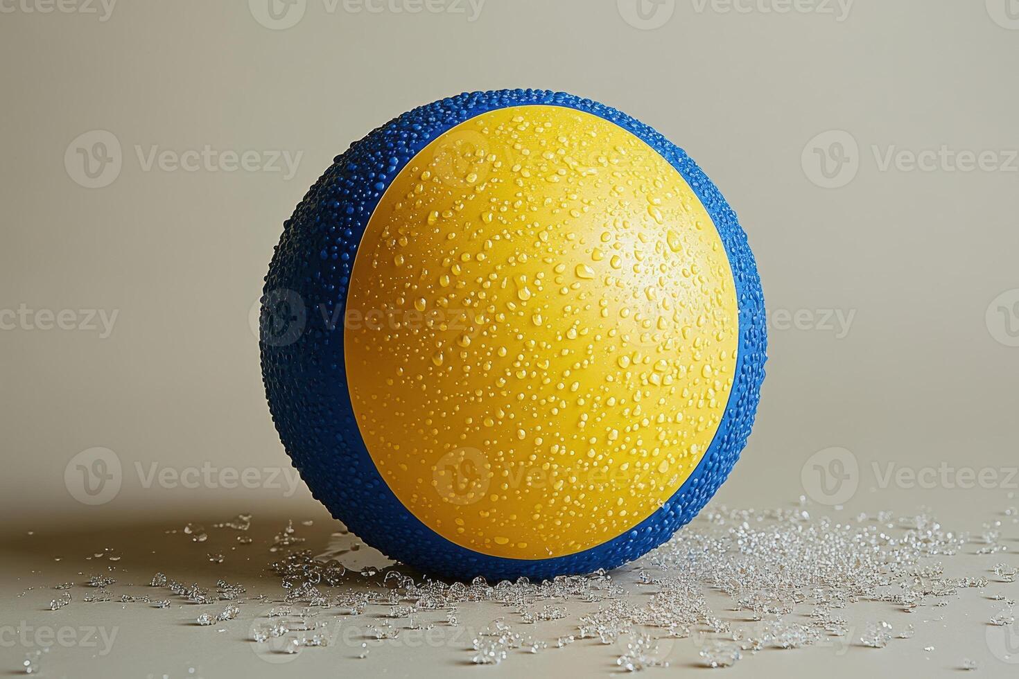 A blue and yellow ball sitting on a table photo