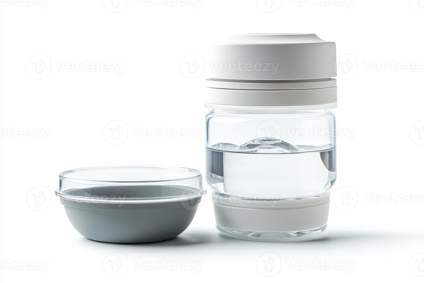 A white water bottle and a small bowl photo