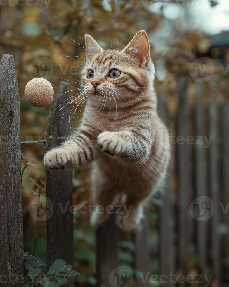 A cat jumping over a fence to catch a ball photo