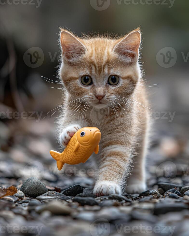 A kitten playing with a toy fish photo