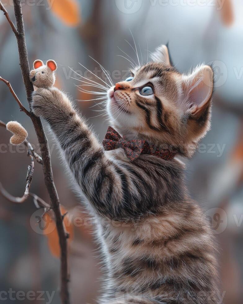 A kitten is reaching up to a branch photo