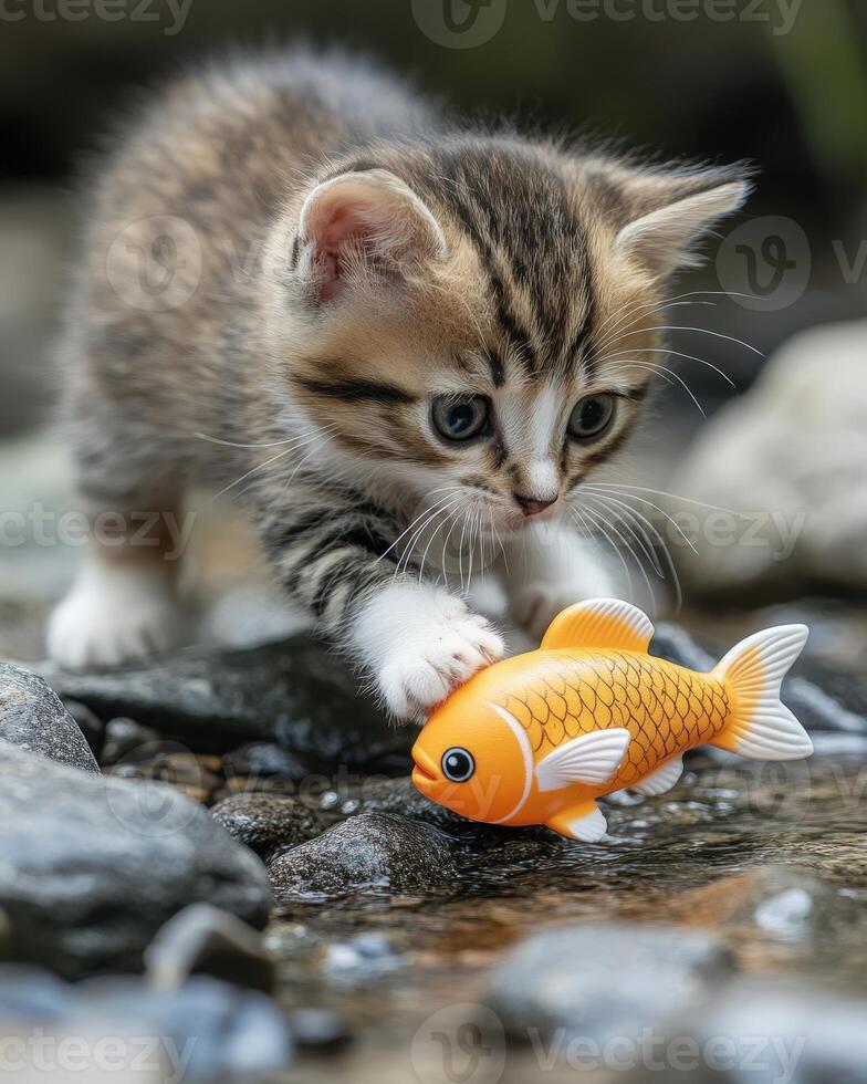 A kitten playing with a toy fish in a stream photo