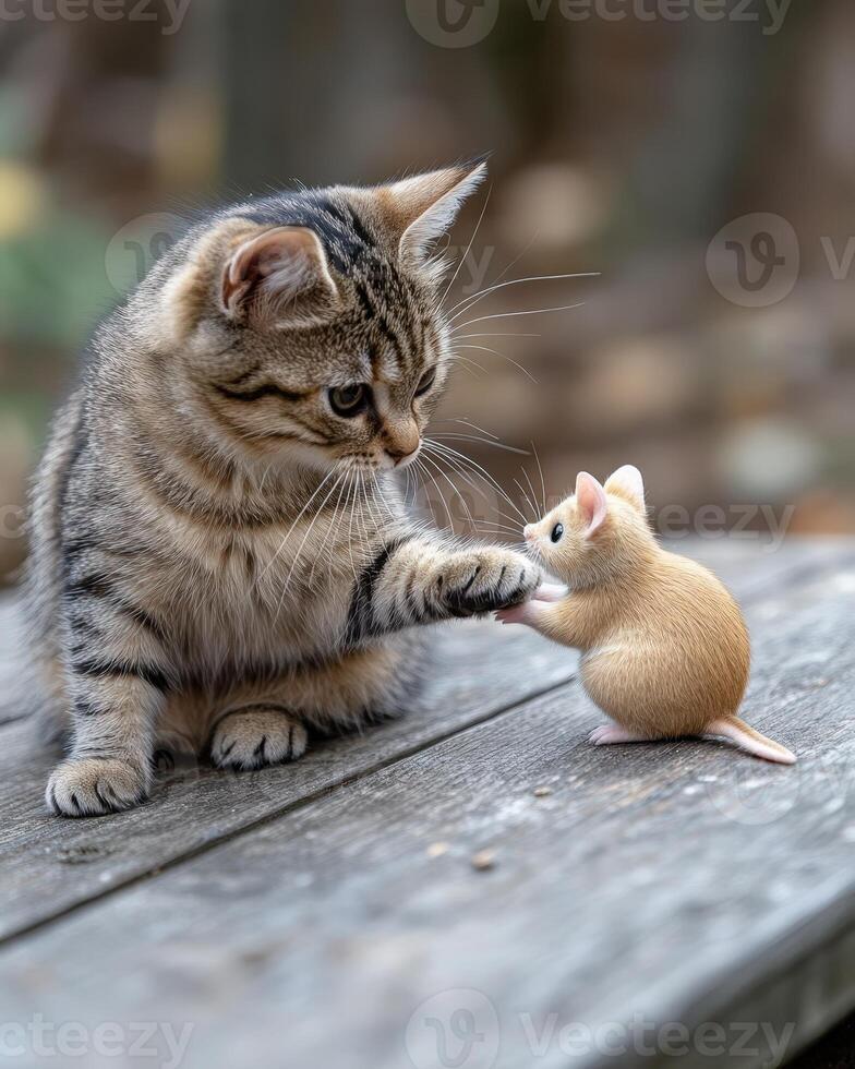 A cat and a mouse are playing together photo