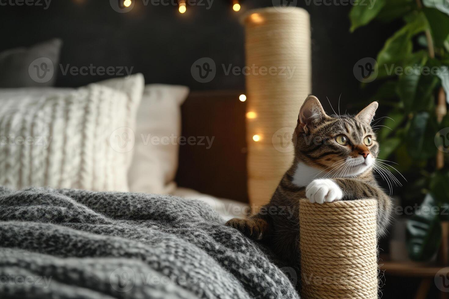 A cat sitting on top of a cat scratching post photo