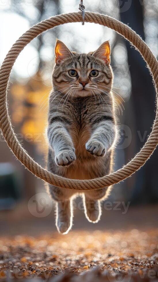 A cat is jumping through a rope hoop photo