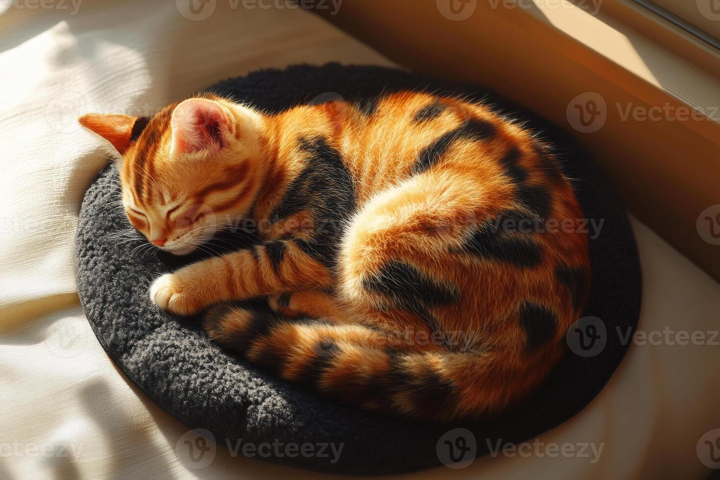 A cat curled up on a bed in front of a window photo